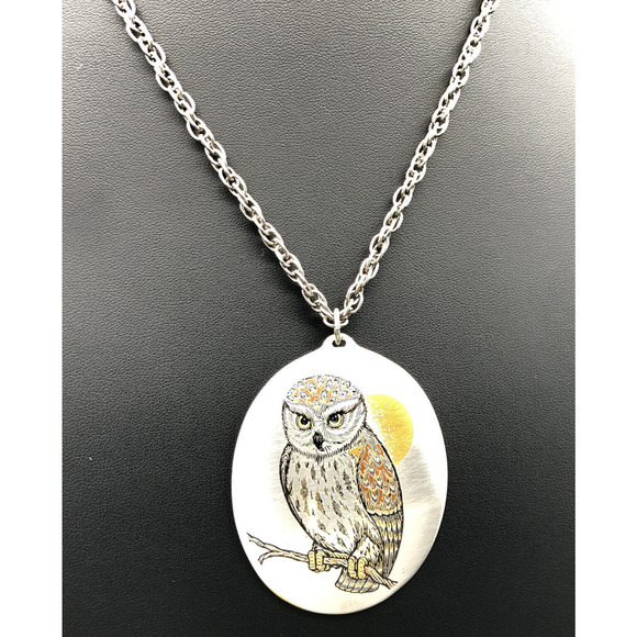 Reed & Barton Necklace 24" Damascene Owl Moon Etched Metal Silver Tone Pendant - Picture 2 of 8